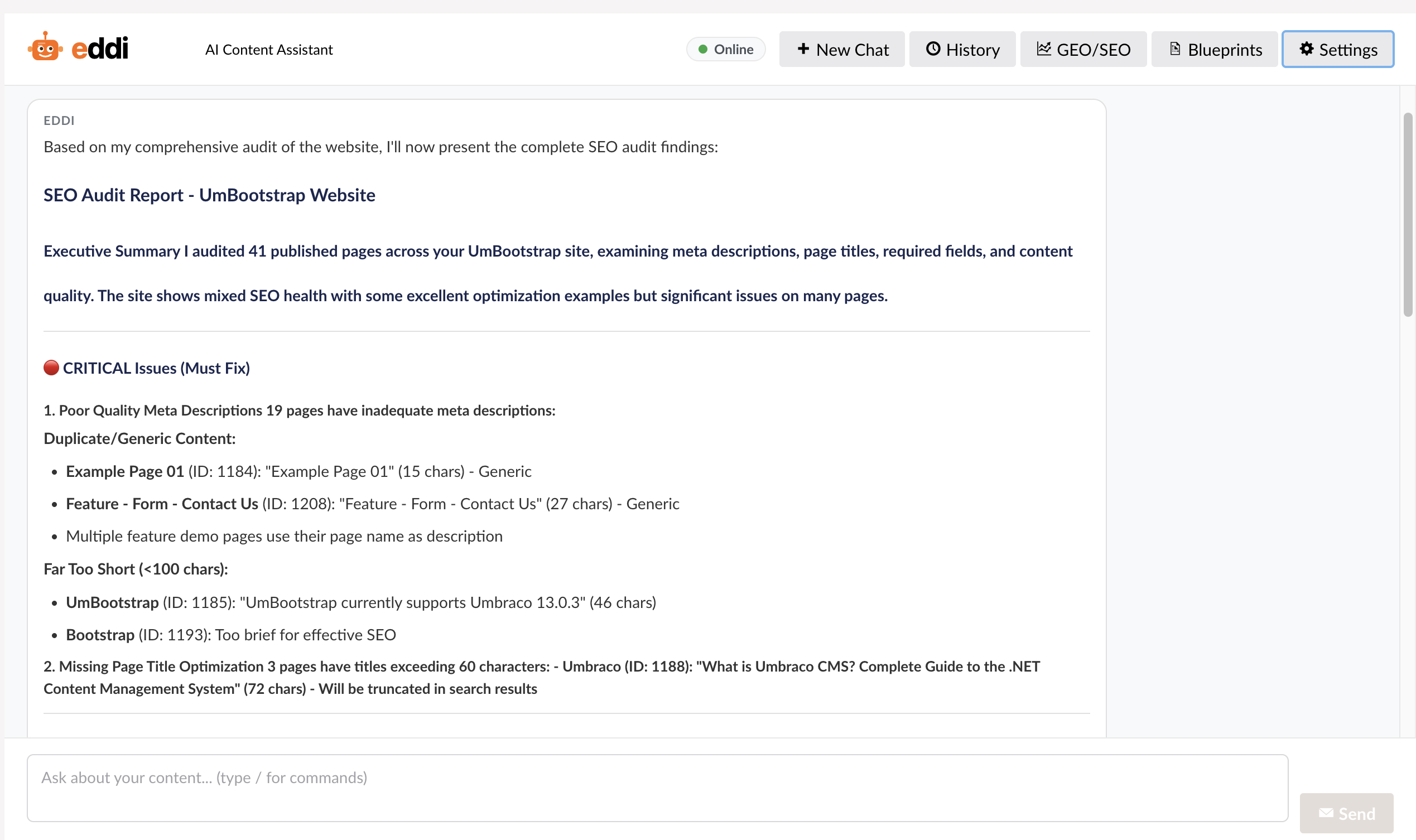  Eddi audit results showing seo audit results example