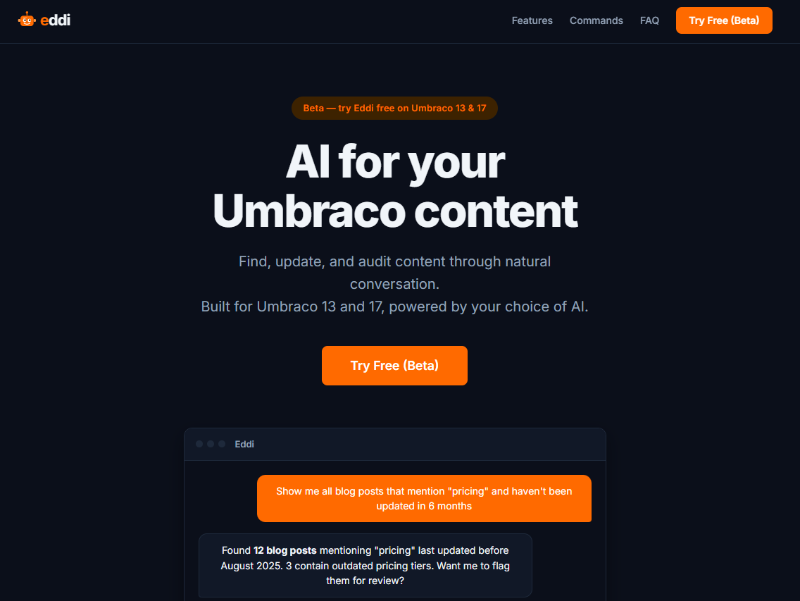 Eddi chat interface in the Umbraco backoffice